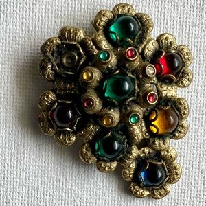 Vintage Medieval Revival Brooch Clip with Colorful Glass Cabochons